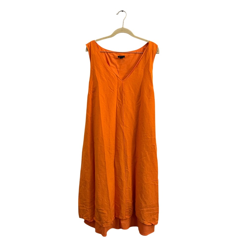 Ann Taylor Women XL Orange Linen Blend V-Neck Tie Back Sleeveless Midi Dress